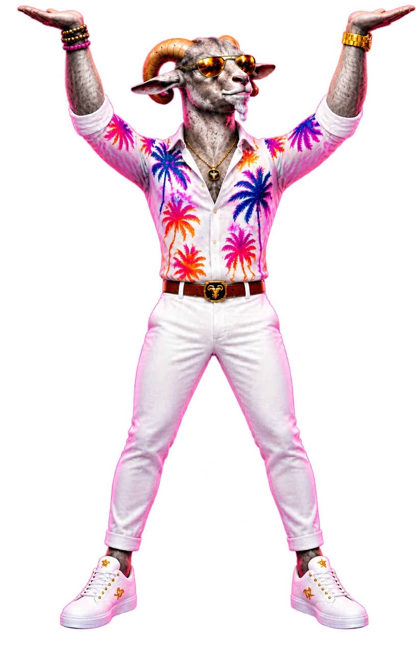 The Digital Goat mascot with both hands raised